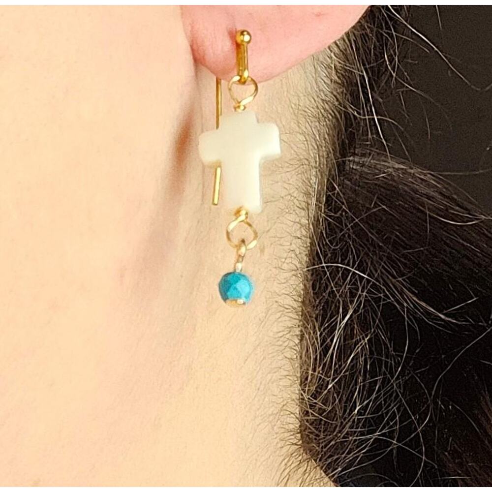 Mother of Pearl Shell Cross Earrings Turquoise Gold-Plated Dangle Drop Handmade